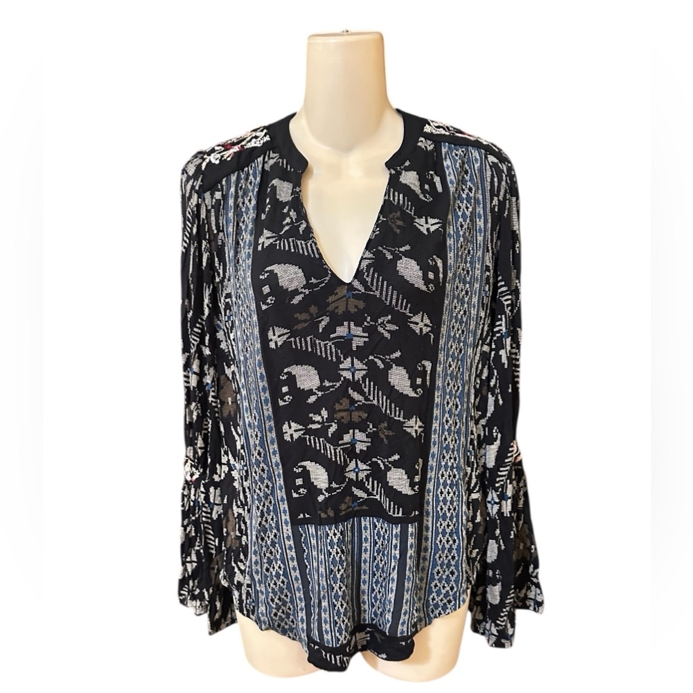 Lucky‎ Brand Embroidered Bell Sleeve Tunic Boho Blouse Top Sz Small